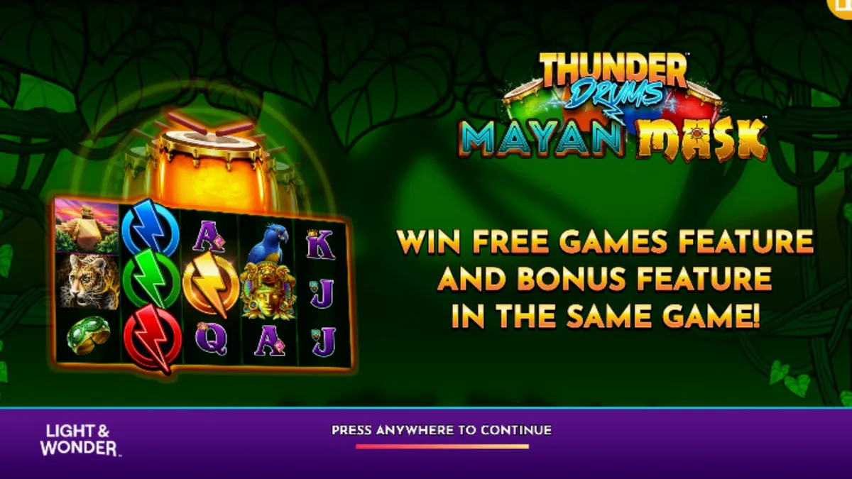 Tampilan visual slot Thunder Drums Mayan Mask dengan tema kuil Maya dan efek petir