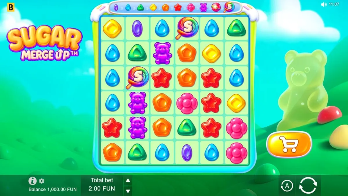 Tampilan visual slot Sugar Merge Up dengan tema permen dan gummy bear yang ceria